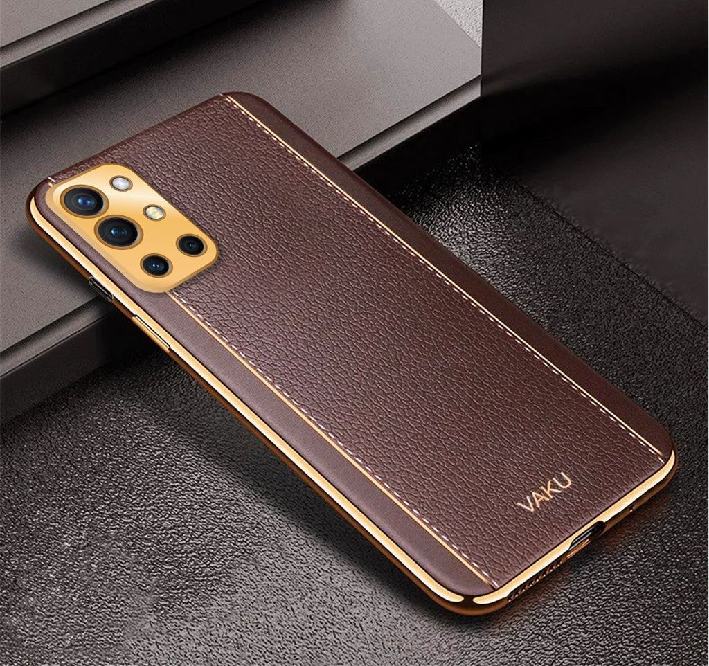 Vaku® Oneplus 9R Luxemberg Series Leather Stitched Gold Electroplated Soft TPU Back Cover