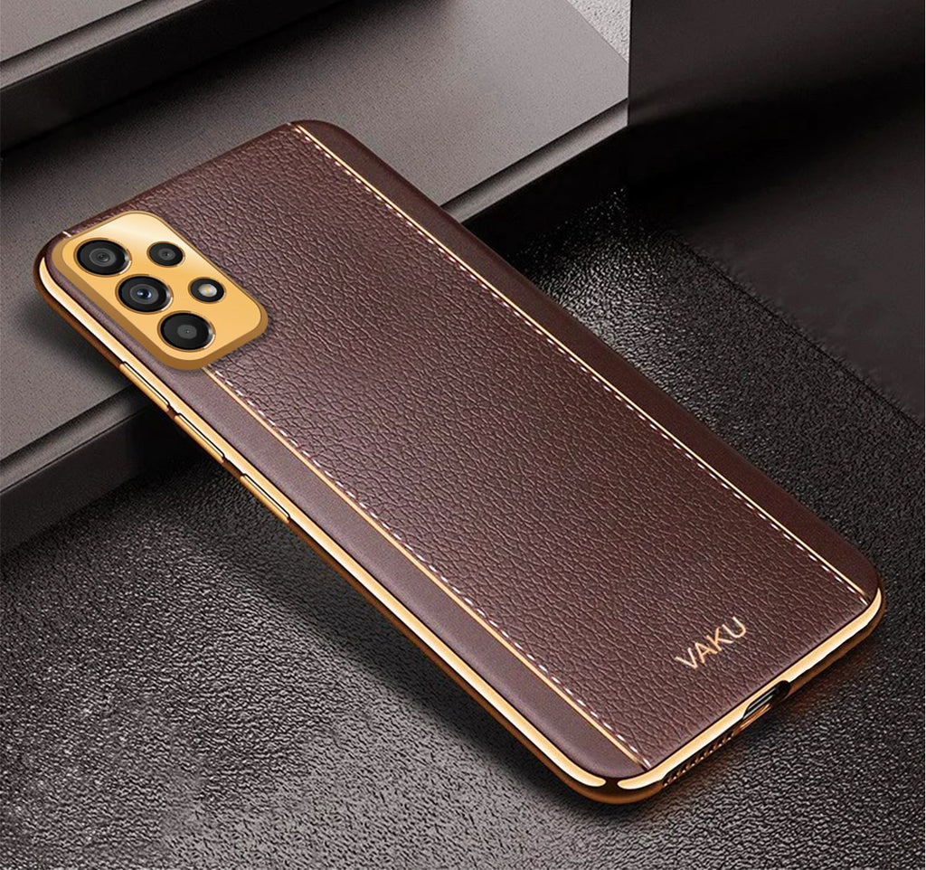 Vaku® Samsung Galaxy A52s Luxemberg Series Leather Stitched Gold Electroplated Soft TPU Back Cover