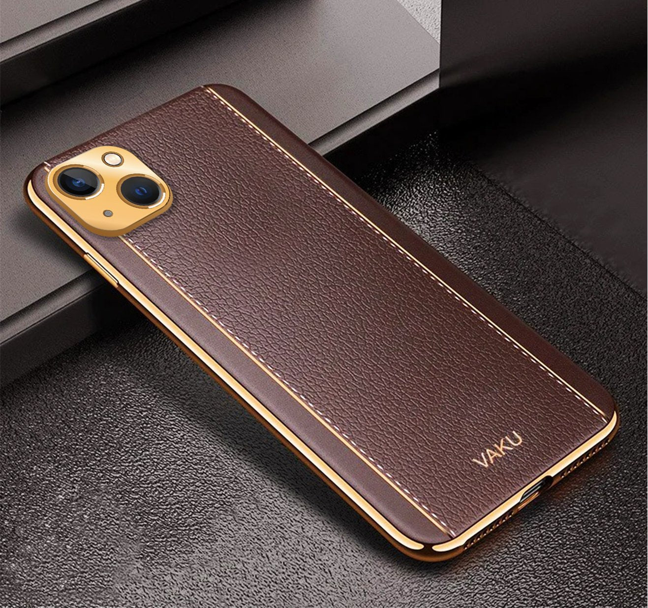 Vaku® For Apple iPhone 13 Luxemberg Series Leather Stitched Gold