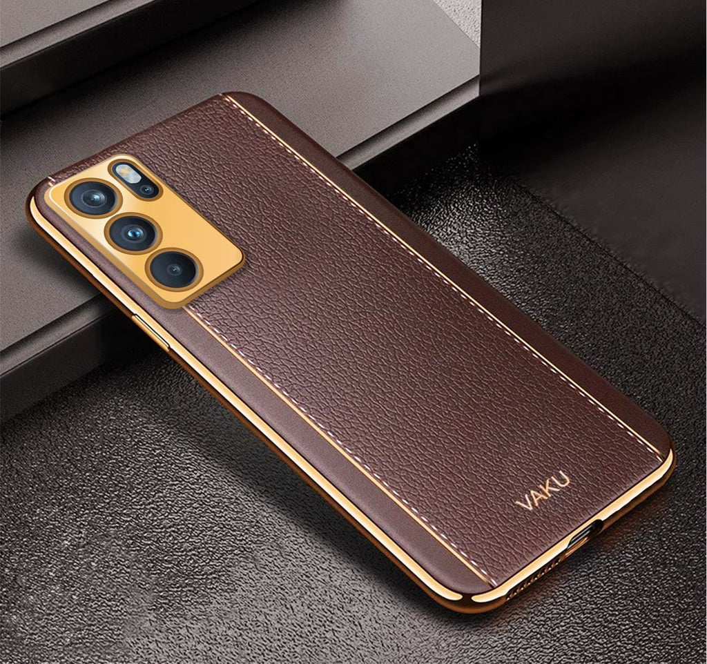 Vaku® Oppo Reno6 5G Luxemberg Series Leather Stitched Gold Electroplated Soft TPU Back Cover