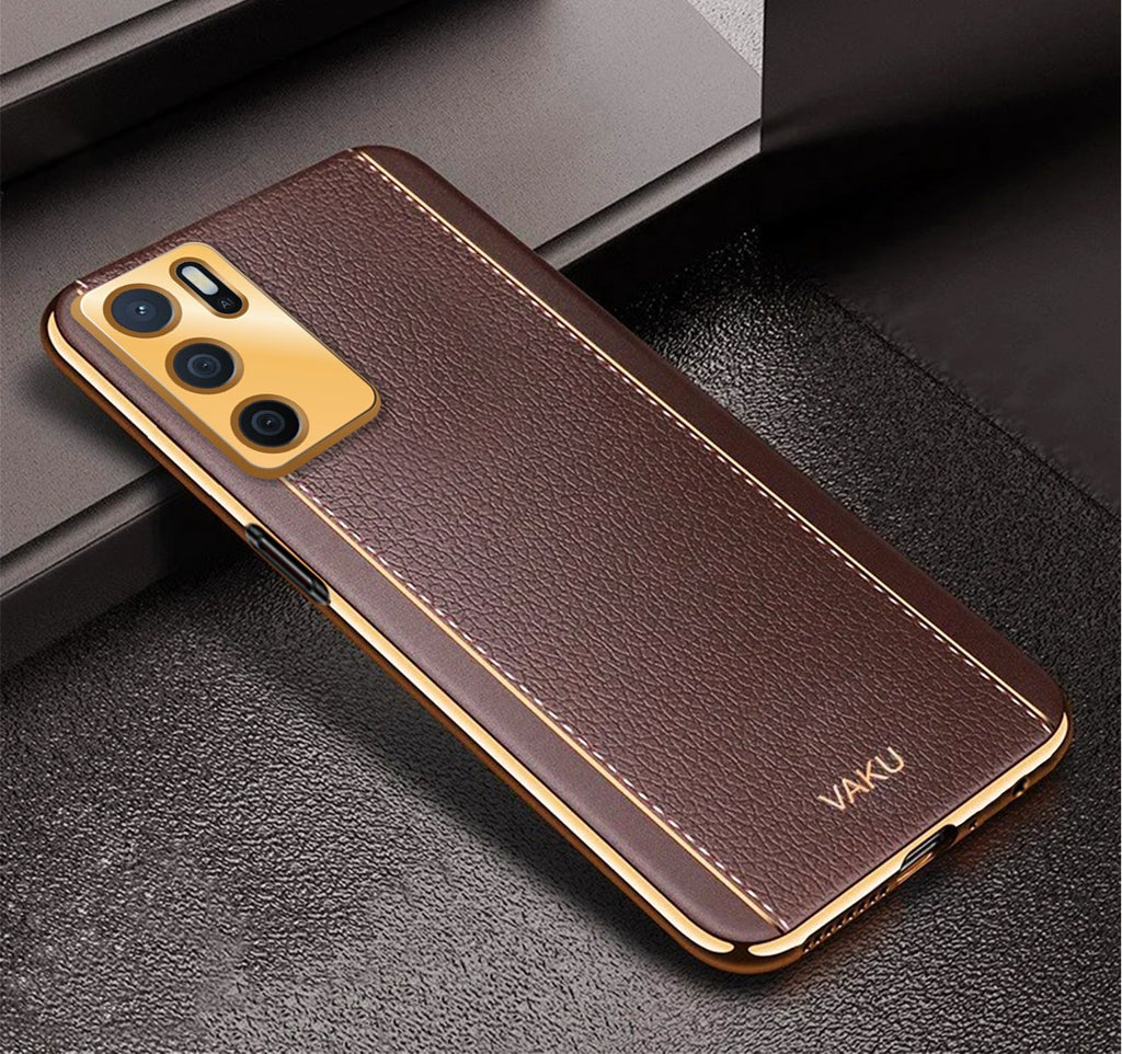 Vaku® Oppo A16 Luxemberg Series Leather Stitched Gold Electroplated Soft TPU Back Cover