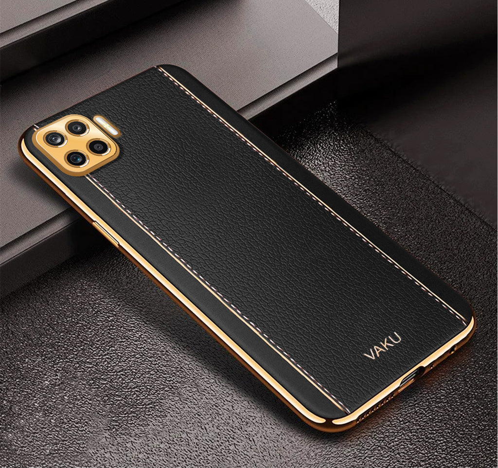 Vaku ® Oppo F17 Luxemberg Series Leather Stitched Gold Electroplated Soft TPU Back Cover