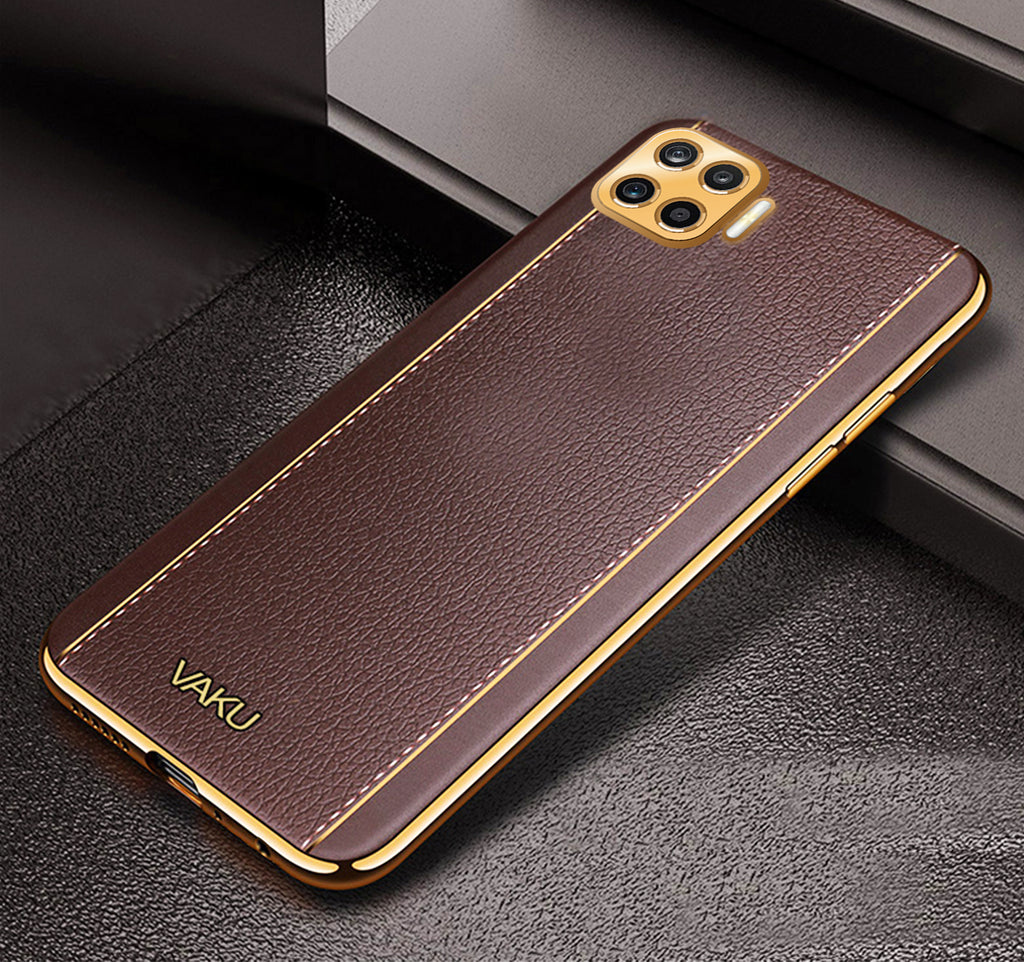 Vaku ® Oppo F17 Pro Luxemberg Series Leather Stitched Gold Electroplated Soft TPU Back Cover